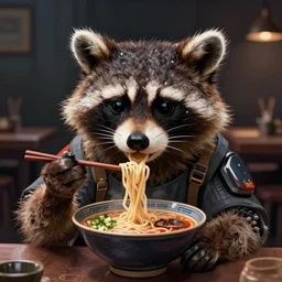 a portrait of an anthropomorphic cyberpunk raccoon eating ramen, cyberpunk!, fantasy, elegant, digital painting, artstation, concept art, matte, sharp focus, illustration, art by josan gonzalez