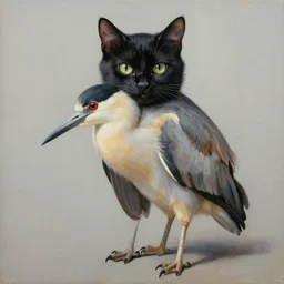 painting of hybrid animal, cat ears, black crowned night heron body and beak, calico pattern fur, four legs, cat eyes, intercrossed animal, mixture animal, by zdzislaw beksinski, by tiffany bozic, by chris buzelli, cute animal