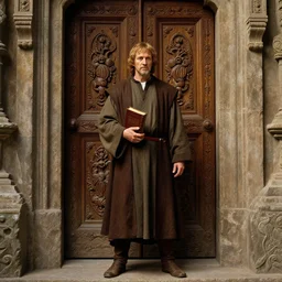 a realistic old jedi holding a book standing in front of an elaborate ancient wooden door, beautiful colourful fantasy rendering,  Agnolo Bronzino, Simon Stälenhag, N.C. Wyeth