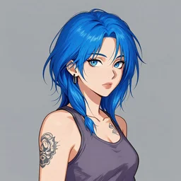 character profile portrait of a cool asian girl with messy blue hair, 2 8 4, wearing a tanktop, tattoos, highly detailed, stylized, medium shot, vector line art, clean cel shaded vector art, by ross tron, lois van baarle, artgerm, helen huang, makoto shinkai, ilya kuvshinov, rossdraws