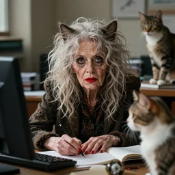 Candid portrait photograph of the Crazy Cat Lady as a haggard old crone, shoulder length frizzy hair and red lipstick, surrounded by cats, working in an office, taken by Annie Leibovitz
