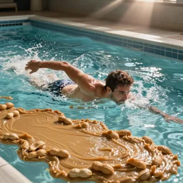 man swimming in pool full of peanut butter