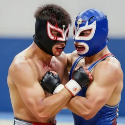 realistic portrait photorealistic painting of bleeding young man with mask wrestler is trying to fight back. fine art, trending on artstation, smooth draw, sharp focus, digital art, bright colors.