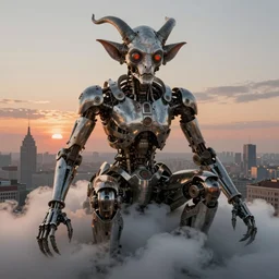 biblical mechanical daemon sitting slayed, in clouds over a city, sunset, big eyes, portrait by mikhail vrubel, studio lighting, muted colors, by frank frazetta, extreme detail, reflections, trending on artstation, 8 k