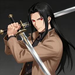 character portrait by tatsuki fujimoto of a handsome male vampire wielding a chainsword, long black hair, glowing red eyes, light brown coat