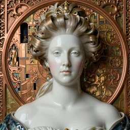 face centered portrait, artwork by james jean, hyperdetailed realistic smooth polished porcelain, beautiful belgian queen, jean delville, art nouveau, gustav klimt, ornate copper patina gothic icon, james jean, ultrasharp hyperdetailed photorealistic octane render