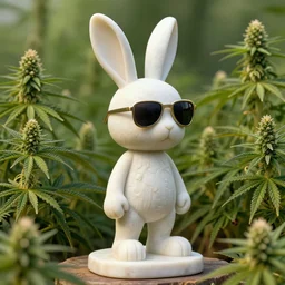 rabbit groot as marble statue, sunglasses, in marijuanas gardens, soft surface texture, very realistic 3 d render, soft sun lights, 4 k, high detailed photography result, 5 0 mm lens, rich deep colors, smooth gradients, depth of field, cinematic, hyper realism, high detail, octane render, unreal engine, 8 k, vibrant colors