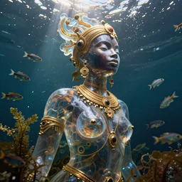 hyperrealistic precisionist cinematic underwater scene with fish and algae, very expressive! translucent elegant african goddess, full body, gold jewerly, highly detailed face, digital art masterpiece, eric zener aykut aydogdu, dramatic volumetric light, long shot, low angle uhd 8 k, sharp focus