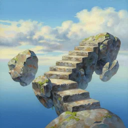 floating rocks forming a stairway to the sky, surrealism, landscape painting by chuck jones makoto shinkai