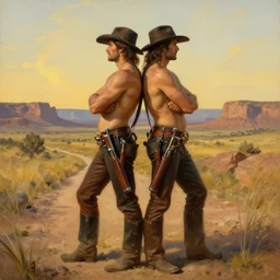 a homoerotic painting by gaston bussiere, craig mullins, alphonse mucha j. c. leyendecker, clyde aspevig of two shirtless gunslingers in love standing back to back | bandoliers, leather clothing | mesa background, golden hour | natural lighting, path traced, highly detailed, high quality, digital painting, trending on artstation