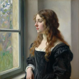 portrait of a young woman looking out of a window, accidental renaissance. painting by rembrandt and monet.