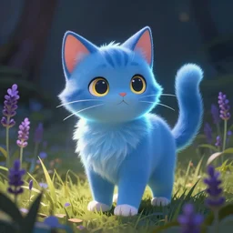 illustration of a glowing cute blue cat in grassy field with lavender, concept art, artstation, warrior cats, hd