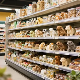 a grocery store with animals as food on the shelves as food