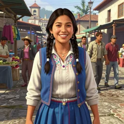 highly detailed portrait young woman peruvian vendor in gta v, street market in sacsayhuaman, happy ambience, stephen bliss, unreal engine, fantasy art by greg rutkowski, loish, rhads, ferdinand knab, makoto shinkai and lois van baarle, ilya kuvshinov, rossdraws, tom bagshaw, global illumination, detailed and intricate environment