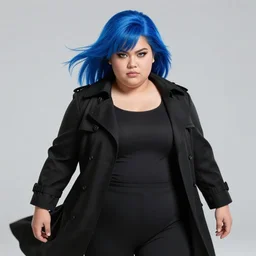 thick chubby filipina amihan superhero, beautiful face, intense eyes, bright blue hair, long black trench coat, fully clothed, action pose, comic book style, highly detailed, dynamic shadows, dynamic lighting, geoff johns, jason fabok, jason fabok, brad anderson, splash art