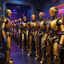 backdoor entrance in a nightclub, a long queue of waiting golden and blue metal humanoid steampunk robots wearing and gears and tubes, eyes are glowing red lightbulbs, shiny crisp finish, 3 d render, 8 k, insaneley detailed, fluorescent colors, background is back yrad of a nightclub, nightlight