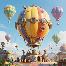 large colorful futuristic space age metallic steampunk steam - powered balloons with pipework and electrical wiring around the outside, and people on rope swings underneath, flying high over the beautiful klaipeda in lithuania city landscape, professional photography, 8 0 mm telephoto lens, realistic, detailed, photorealistic, photojournalism