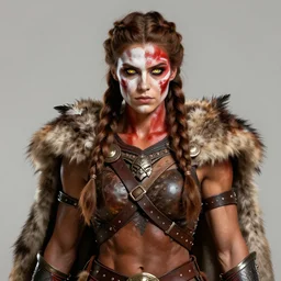 tall, beautiful, muscular barbarian woman with piercing golden eyes, and long brown braided hair. her face is painted with white and red ochre, and she is wearing battle leathers feathers and a fur cloak, symmetrical face, detailed, digital painting, smooth, sharp focus, in the style of rembrandt,