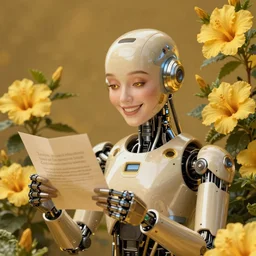 a beautiful intricate fine art portrait photo of a happy mechanical futuristic cybernetic humanoid reading a letter of good news, by tom bagshaw and anna dittman, eyes light up, happiness!, perfection!, studio lighting, golden ratio composition, 3 5 mm lens, bionic robot overgrown with yellow hibiscus, cybernetic scifi, deep depth of field, artstation, 8 k