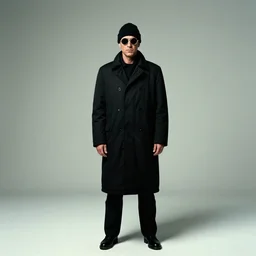 full body shot, small circle!!! round!!!! sunglasses, serious dramatic jean reno wearing circle!! round!! sunglasses and a small beanie cap, wearing long black winter coat, full body shot, film still from leon the professional