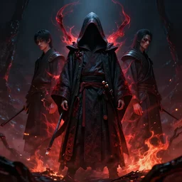 a full body portrait of a mysterious samurai long hooded cloak, blood, auras, burning embers, by maciej kuciara and jason chan, ominous, cosmic horror, trending on artstation, ultra detailed, hyper realistic 4 k, volumetric light