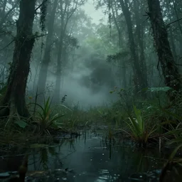 artistic swamp with mystic fog, vegetation, water in the foreground, from horror movies, artstation