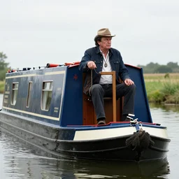 high quality photo of johnny cash driving a narrow boat on a canal