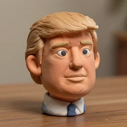 donald trump !!! very extremely realistic!!! extreme likeness!!! smooth specular clay! extremely close smooth specular sculpted headshot of donald trump clay puppet , soft light, on wooden table. style: claymation puppet kids clay , by guldies