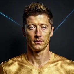 robert lewandowski as play in toilet, photorealiscic face, golden skin, dark backgroud, lasers