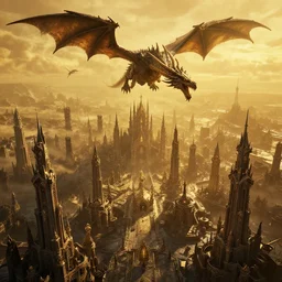 warhammer style, aerial view, golden hour, at the dawn of time, golden lighting, nightmare, in a symbolic and meaningful style, dark fantasy city, dragon hovering above, octane render