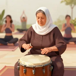 a babushka playing drums, some people in the background are doing yoga to the beats, digital art