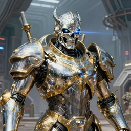 high fantasy 1 9 8 0's wargame airbrushed artwork, a giant silver reflective chrome android wearing a mask shaped like an intricately carved beautiful human skull with glowing laser eyes, golden giant battle armor, inside a futuristic army base