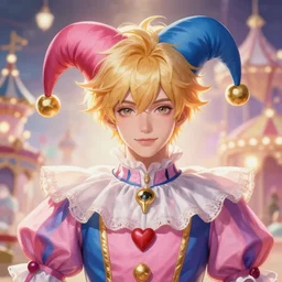 award winning digital portrait of a feminine attractive male jester / fool by sakimichan with soft facial features, hisoka male art by sakimichan, beautiful carnival with soft pastel colors and lights, trending artstation, digital art, aesthetic, bloom, intricate, elegant, sharp focus, digital illustration, highly detailed, octane render, digital painting, concept art, artgerm, fantasy, masterpiece, by lisa buijteweg and sakimichan