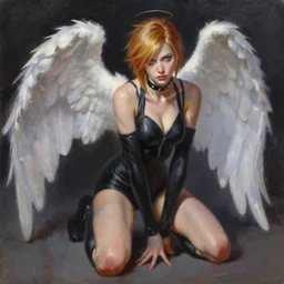 oil painting of tracer overwatch in the style of sophie anderson, on knees, angel wings, black outfit, dramatic painting, wearing black choker,