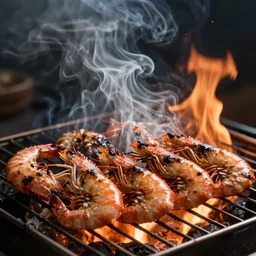 shrimp that was left on the grill way too long, burning shrimp, thick smoke, black smoke, grill, flames, overcooked shrimp