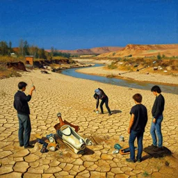 the 👽 crash site at a dry river bed in a barren 🏜 by ivan shishkin and zacharias aagaard and simon stalenhag and dan mumford and josan gonzalez and escher, chiaroscuro, tonalism, sfumato, high saturation, retrowave