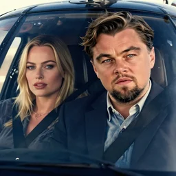 leonardo dicaprio as the wolf of wall street next to margot robbie as naomi from the wolf of wall street in a helicopter, hyper realistic faces, beautiful eyes, cinematic, long shot, hyper detailed, 8 5 mm photograph, 8 k resolution, film still, sharp lens, wide lens