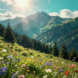 mountain landscape in summer, flowers, trees, teal landscape, dreamy light, sunny, floating particles, complementary palette, by and jacek yerga and jesse king, pop surrealist, wiccan, unreal engine, bokeh, detailed