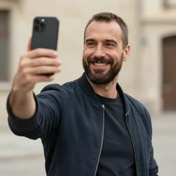 Niko Bellic taking a selfie, smiling, real life, photorealistic, 4k