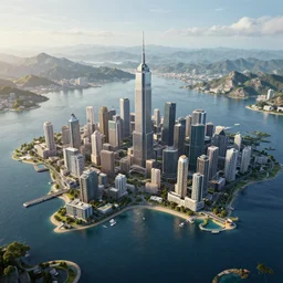 future city surrounded by water and mountains, realistic, hdr, hdd, 8 k, realism,