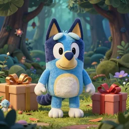 blue'snappy gifts plush toy'in magical forest, gifts, dark atmosphere, high detail, soft lighting, 8 k