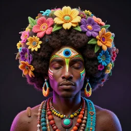 an african marijuanna shaman with an afro made of flowers, third eye art art by machina infinitum, complexity from simplicity, rendered in octane, mandelbulb 3 d, ambient occlusion, macro photography, felt!!! texture, tribal, neon! retrowave