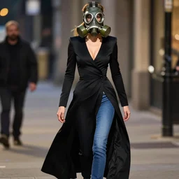 highly detailed portrait photo of a powerful female character, who wears a black longline dress and blue jeans. her face is covered in a gas mask and is walking down the street at night. hyperrealistic fashion illustration by boris vallejo and julie bell.
