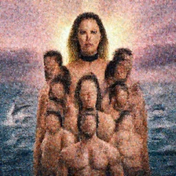 epic portrait of six-pack muscled Mila Kunis wearing black choker, sun rays across sky, pink golden hour, stormy coast, elegant dolphins jumping from the water, intricate, highly detailed, shallow depth of field, epic vista, Ralph Horsley, Daniel F. Gerhartz, Artgerm, Boris Villajo, Lilia Alvarado