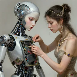 a robot girl opening her back paneling to let her heatsinks flush out while another toned girl does basic maintenance repairs on the robot girls key components, beautiful detailed eyes, fantasy, intricate, elegant, highly detailed, digital painting, 4 k, hdr, concept art, detailed jewelry, smooth, sharp focus, illustration, art by artgerm, h r giger and alphonse mucha