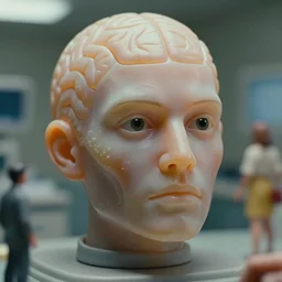 beautiful hyperrealism three point perspective film still of  medical face hugger brain surgery scene in Aliens(1990) extreme closeup portrait in style of 1990s frontiers in translucent porclein miniature street photography fashion edition, miniature porcelain model, focus on face, eye contact, tilt shift style scene background, soft lighting, Kodak Portra 400, cinematic style, telephoto