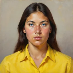 oil painting portrait of a strikingly gorgeous assiniboine woman with blue eyes and dark brown hair, wearing a modern yellow shirt, by rossdraws