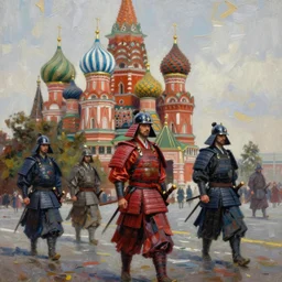 highly detailed painting of samurais patrolling moscow, by william turner, by greg rutkowski, by william constable, thick brush strokes and visible paint layers, 4 k resolution