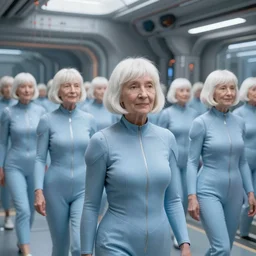 troop of grannies with white bob hairdos, tight light blue neopren battle suits, futuristic cloning facility, sci - fi, highly detailed, cinematic