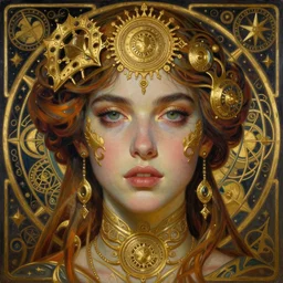 hyper realistic painting portrait of carolena nericcio, occult diagram, elaborate details, detailed face, intrincate ornaments, gold decoration, occult art, oil painting, art noveau, in the style of roberto ferri, gustav moreau, david kassan, bussiere, saturno butto, boris vallejo
